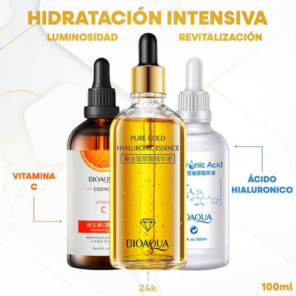 SUPER KIT HIDRATACION INTENSIVA! SERUM 24K de 100 ml + SERUM ÁCIDO HIALURÓNICO de 100 ml + SERUM VITAMINA C de 100 ml BIOAQUA 💎