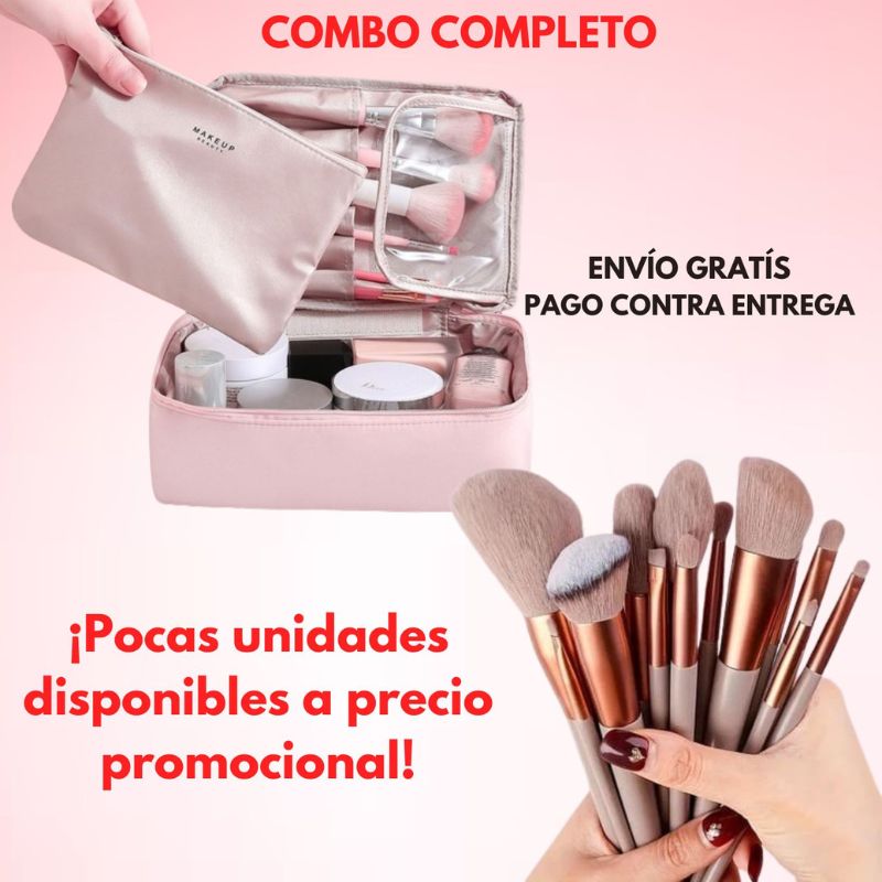 COMBO PROMOCIONAL: 13 Brochas Profesionales + Cosmetiquera Impermeable + Bolsa extra